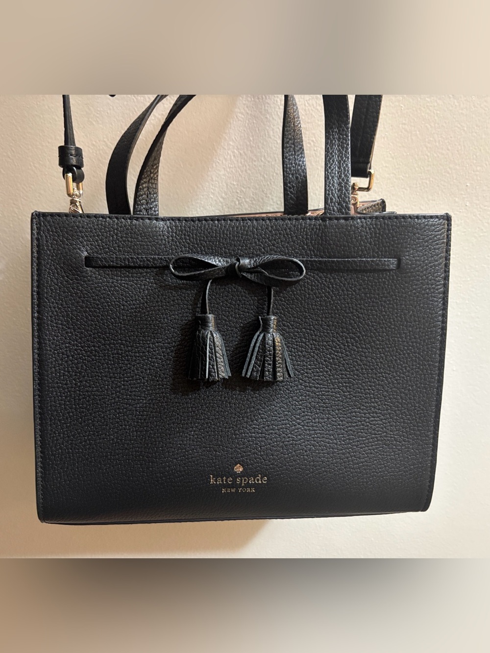 kate spade black Pebble Leather Tote with Tassel Bow
